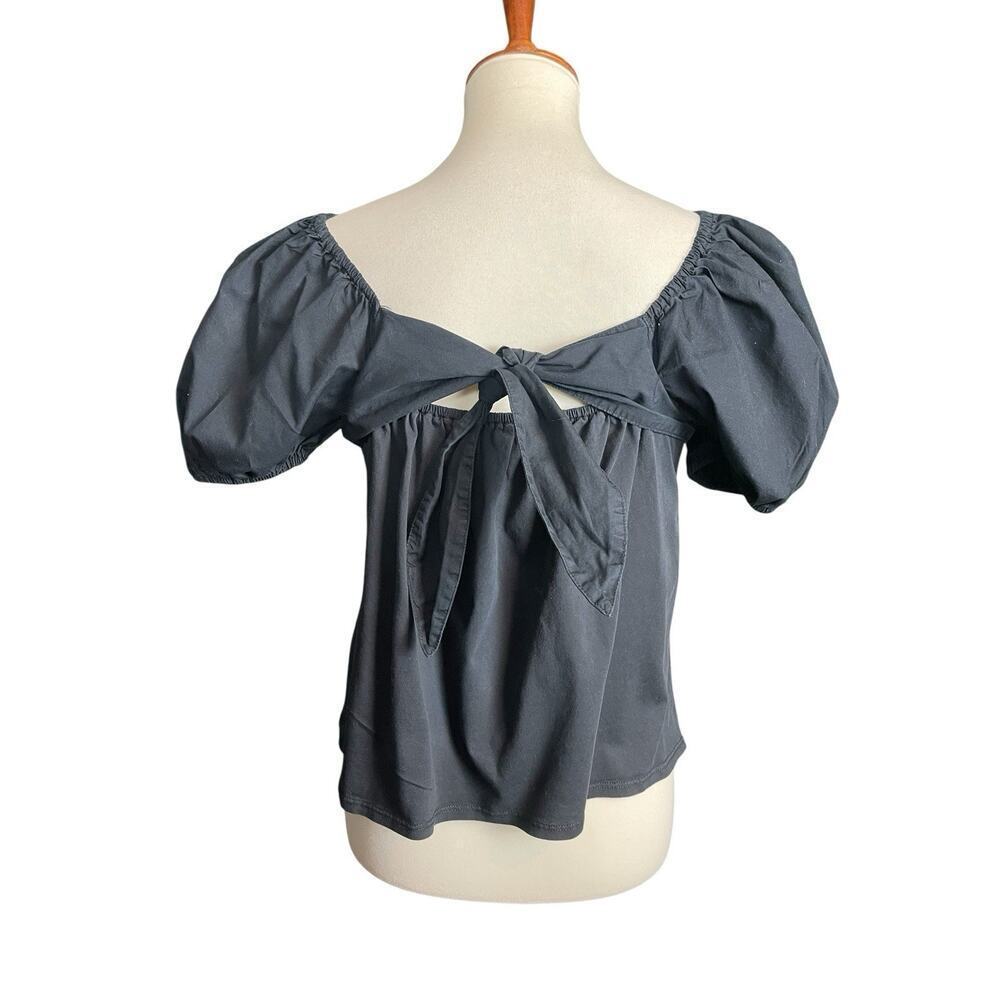 A New Day Black Crop Top Women Size Small Tie Back Balloon Sleeves Boho Coquette